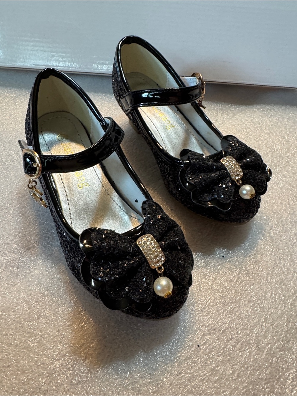 Black Glitter Mary Jane Heels with Bow Detail - Picture 3 of 12